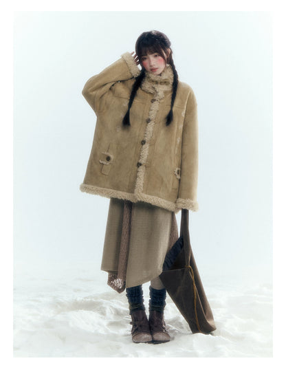 Horridale - Vintage Tan Suede-Effect Sherpa-Lined Stand Collar Jacket