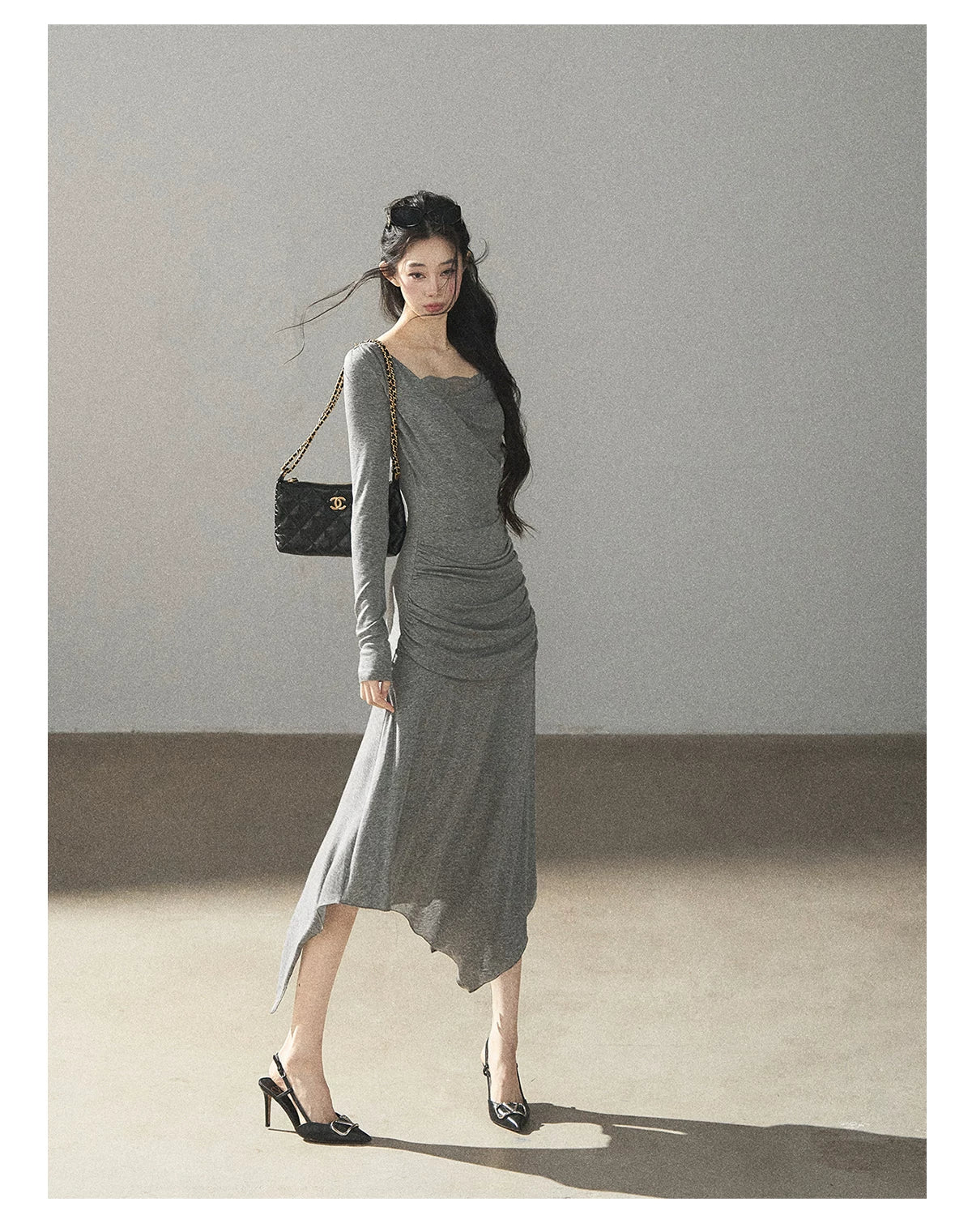 AOMALM - "Still River Cove" Cloud Mist Gray French-Inspired Lace Maxi Dress