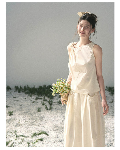 “Ivory Pleated Verse” Soft White Asymmetrical Twist Top & Skirt