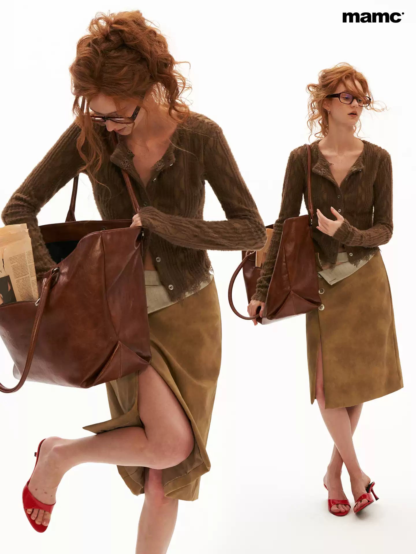 MAMC - Mocha Fuzzy Diamond-Texture Lace Knit Cardigan (Brown / Gray / Beige)