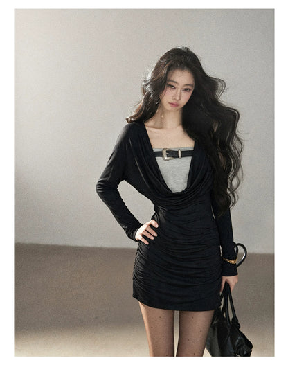 AOMALM - "Misty Shore" Quiet Black Layered Knit Mini Dress
