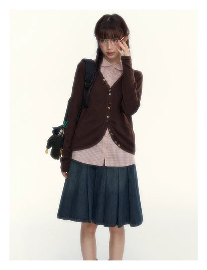 “Chestnut Book Knit” Red Brown Faux-Layered Colorful Button Cardigan