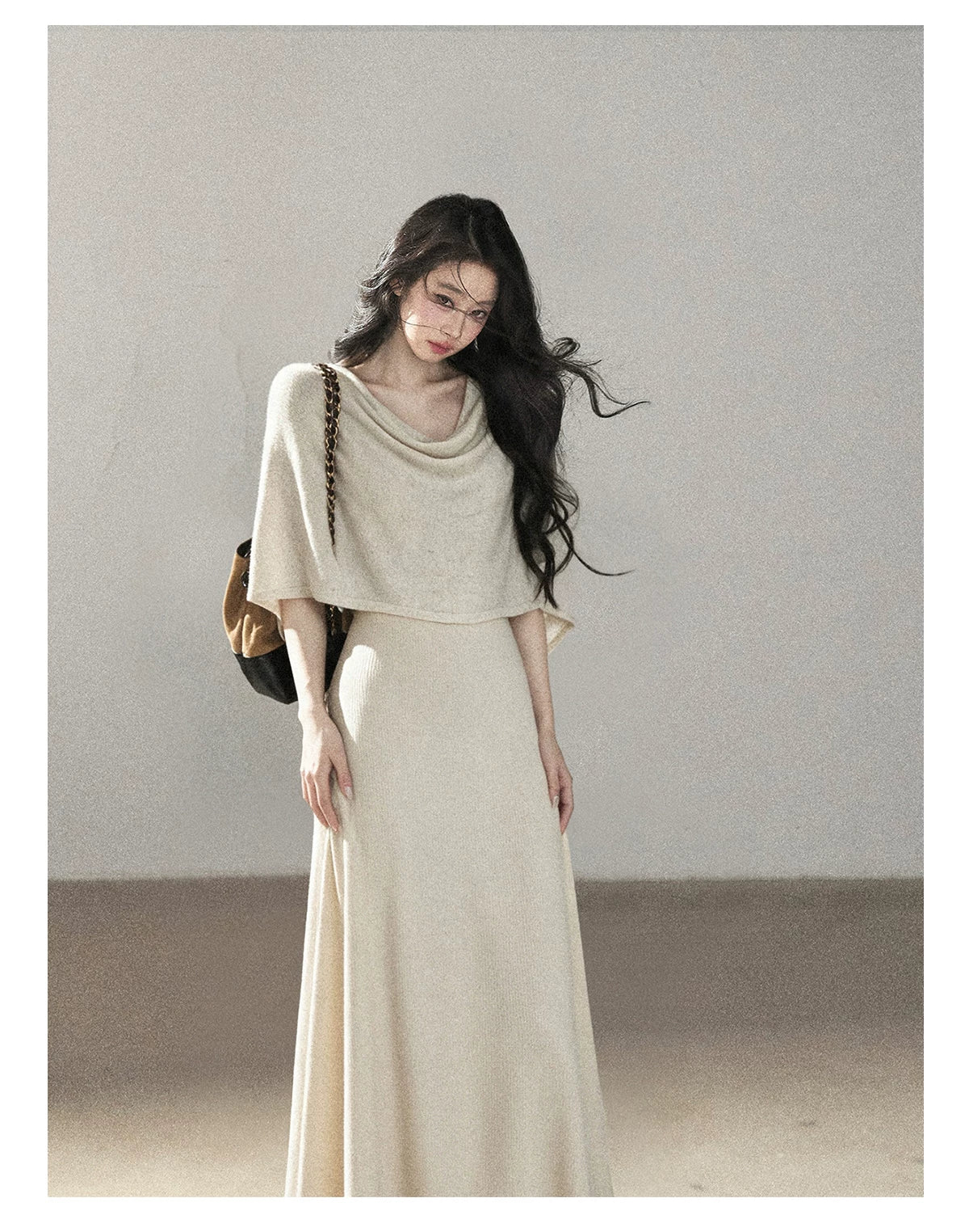 AOMALM - French-Inspired Two-Piece Maxi Dress Set with Layered Cape Overlay