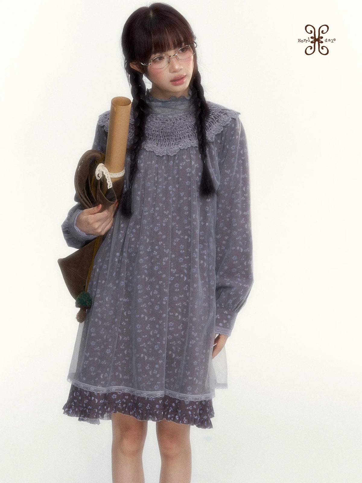 Gray Purple Floral Mesh Overlay A-Line Dress
