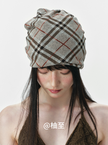 Vintage Plaid Hooded Scarf Hat – 2-in-1 Slouchy Ear-Warmer Cap