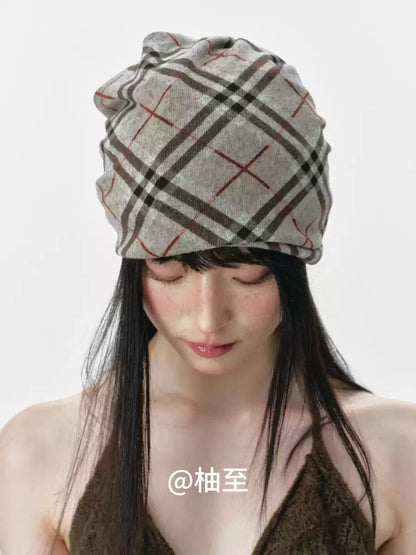 Vintage Plaid Hooded Scarf Hat – 2-in-1 Slouchy Ear-Warmer Cap