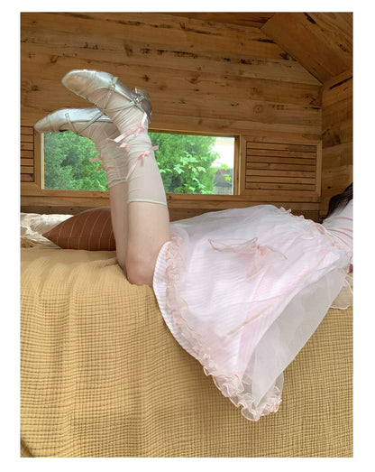 [RF] “Peach Petal Reverie” Peach Pink Doll Collar Top & Tulle Skirt Set