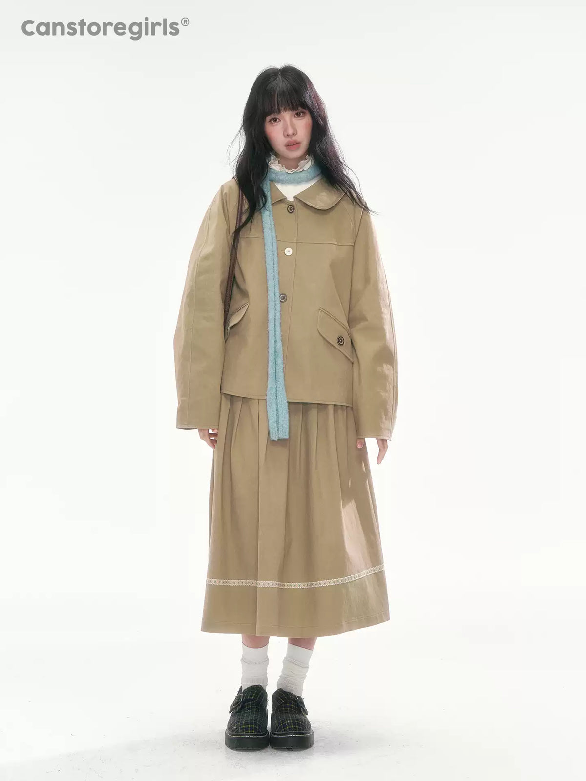 [CAN] Khaki Peter Pan Collar Jacket & Midi Skirt Set