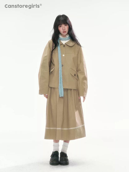 [CAN] Khaki Peter Pan Collar Jacket & Midi Skirt Set