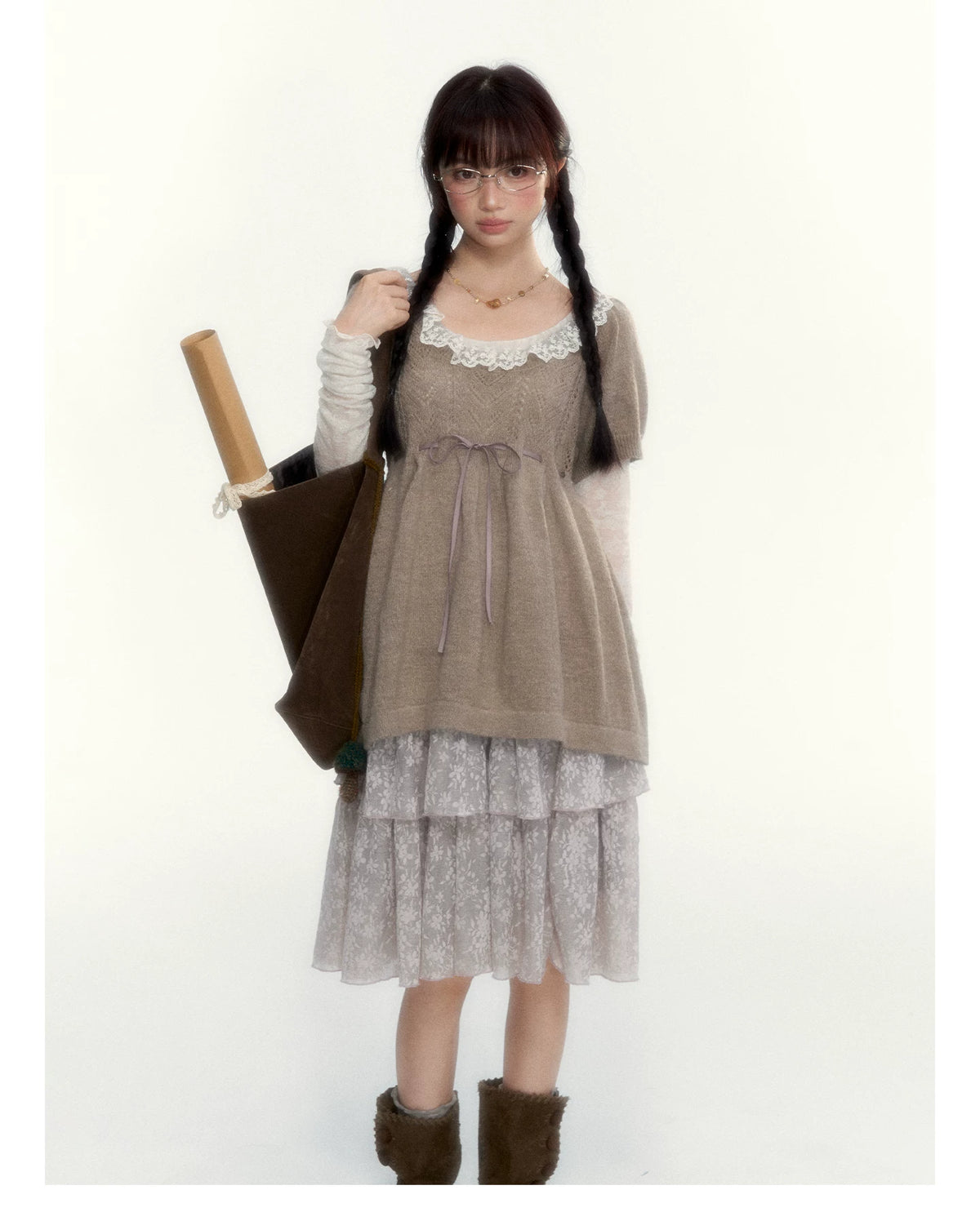 “Everyday Mist” Jacquard Lace Layering Top ( Ivory / Fog Gray )