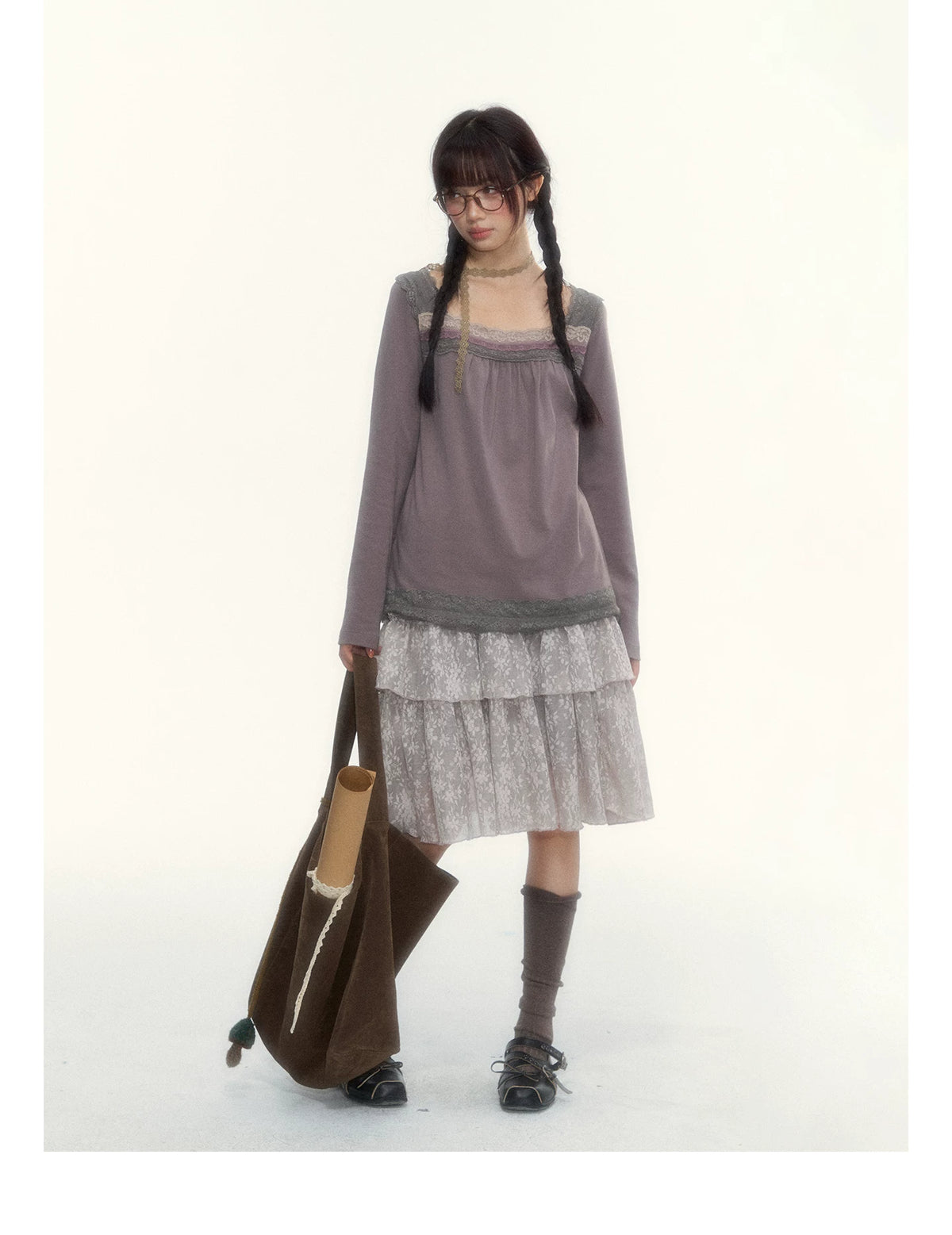 Gray Purple Lace-Trimmed Square-Neck Long-Sleeve T-Shirt