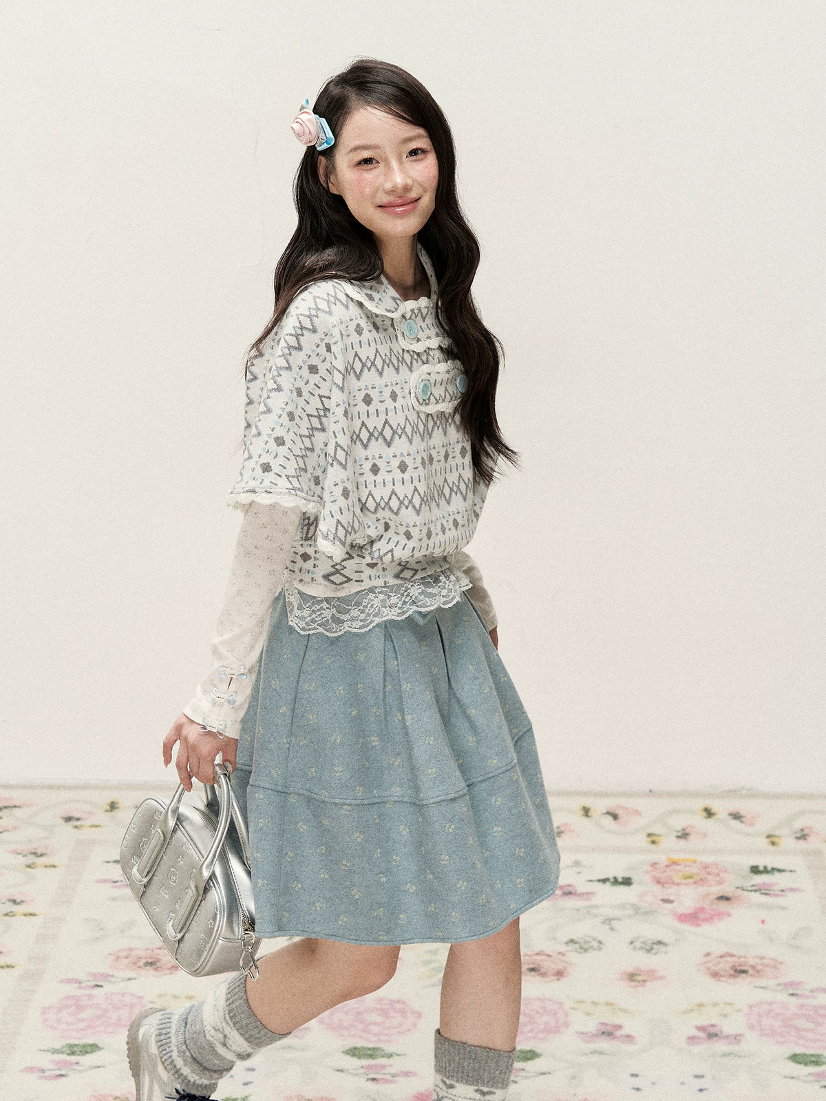 [RF] Frost Mist Blue Floral Jacquard A-Line Midi Skirt with Plaid Waistband