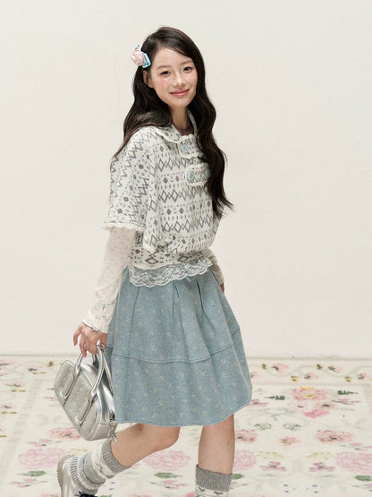 [RF] Frost Mist Blue Floral Jacquard A-Line Midi Skirt with Plaid Waistband