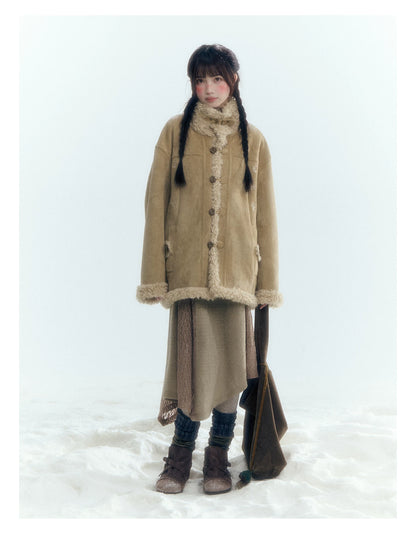 Horridale - Vintage Tan Suede-Effect Sherpa-Lined Stand Collar Jacket