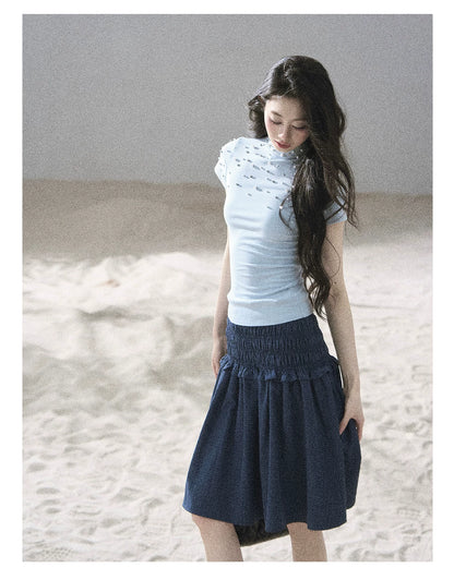 "Scattered Across the Milky Way" Pearl Beaded Knit T-Shirt (Haze Blue/ Sage Gray)
