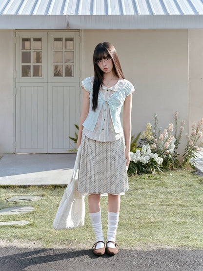 "Blooming Branches" Fresh Layered Collection (Mint Green Tie-Front Cardigan / Oat Blouse / Beige Polka Dot Skirt)