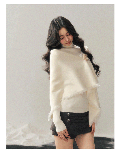 少也眼 "Speechless Under the Full Moon" Camellia White French Turtleneck Knit & Shawl Set