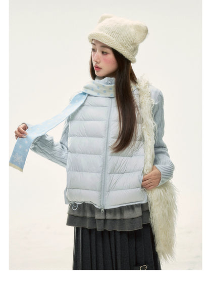 BIBIBENCY - Pale Blue Knit-Panel 90% White Duck Down Puffer Jacket (With Scarf)