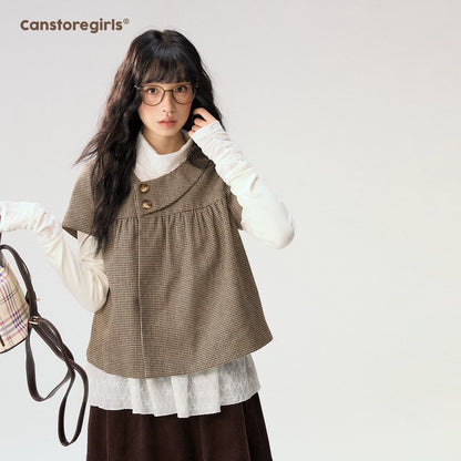 [CAN] “Autumn Plaid Letter” Brown Houndstooth Asymmetric Collar Top