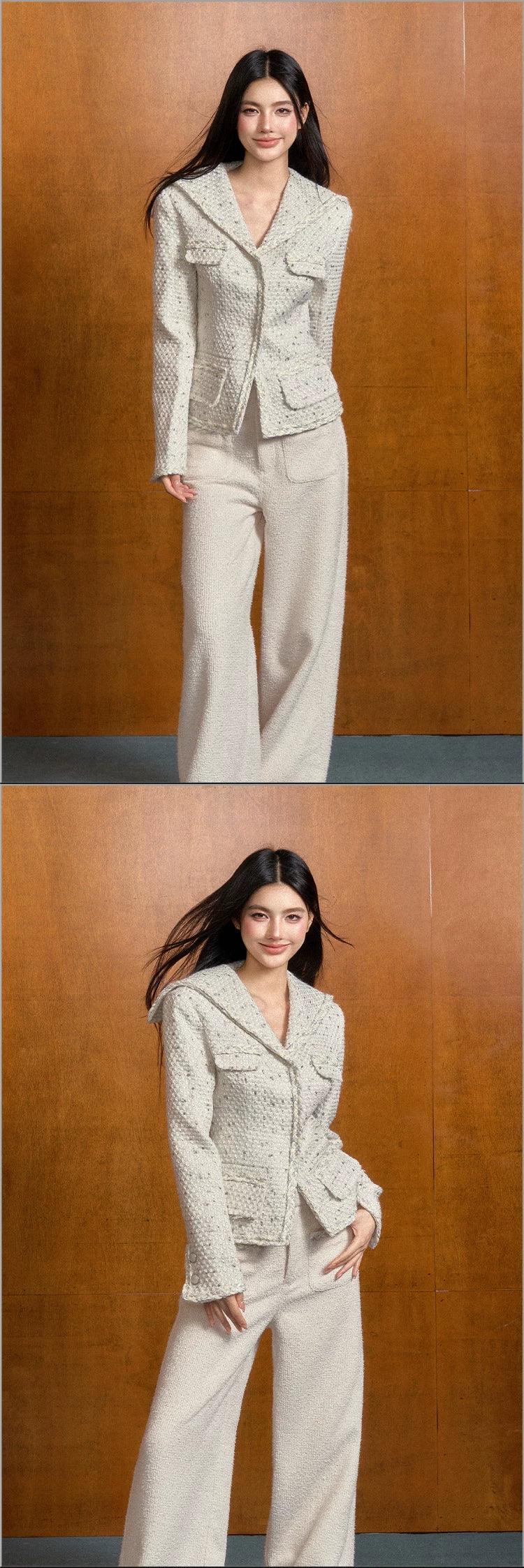 "Winter Heiress" White Tweed Sailor Collar Jacket