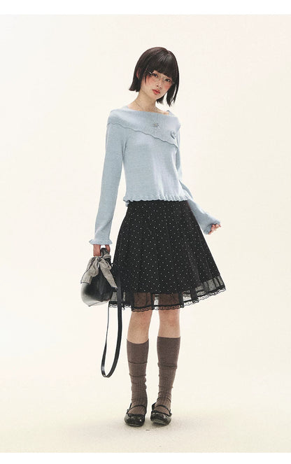 "Sea Salt Bloom" Sea Salt Blue Off-Shoulder Ruffle Knit Sweater