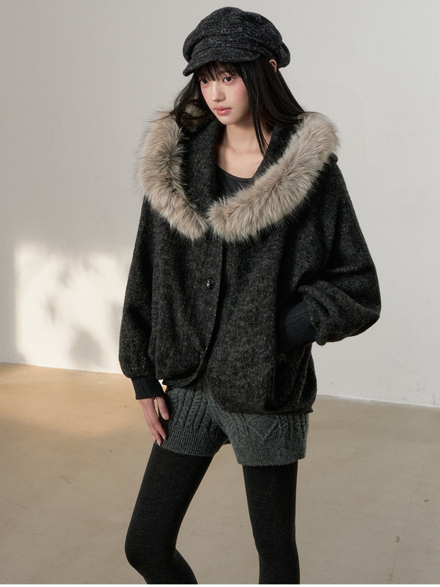 Soote Season - Dark Gray Wool Batwing Cape Coat with Faux-Fur Collar