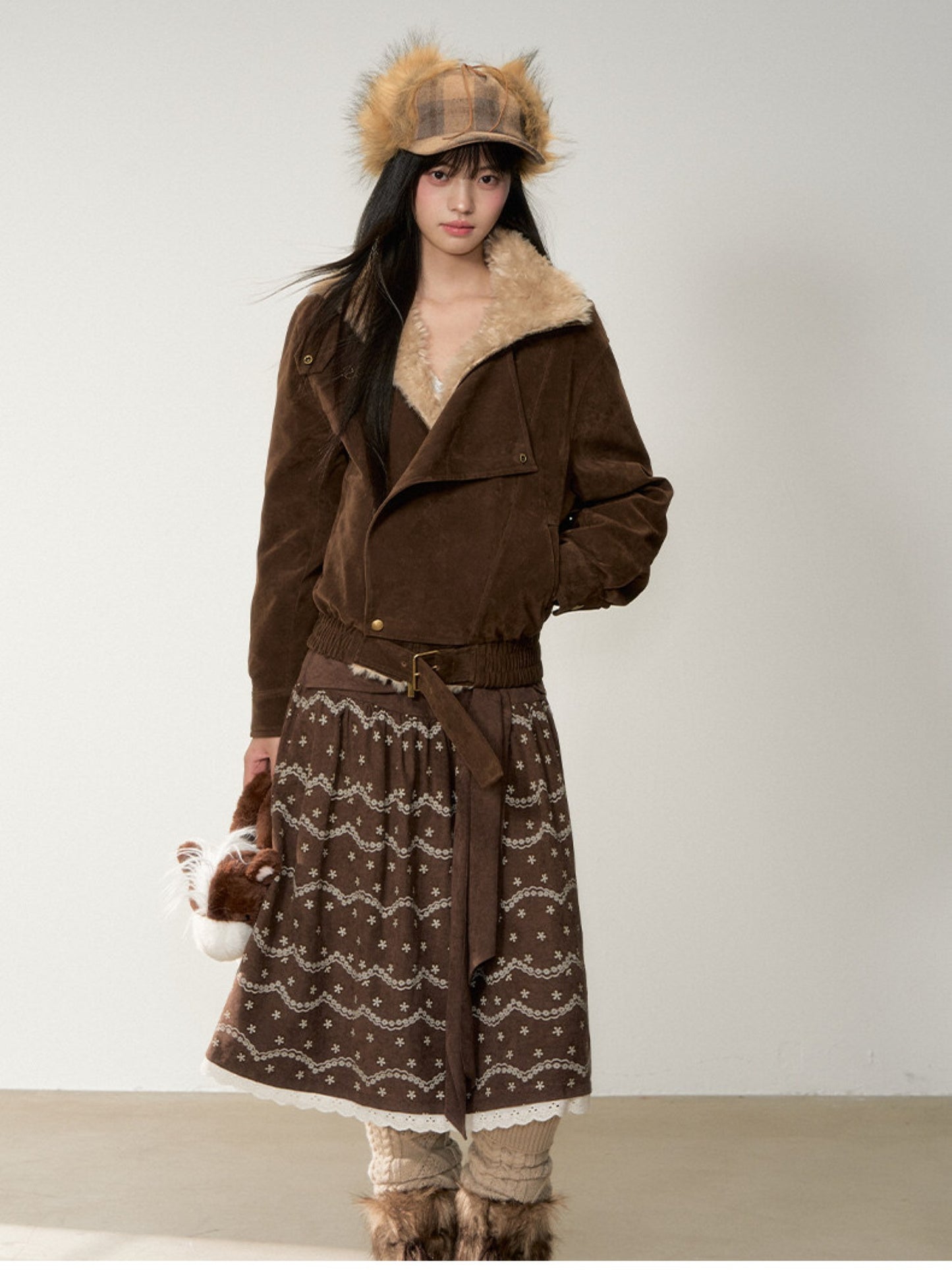 Soote Season - “Melard Mood” Retro Faux Suede Shearling-Trim Biker Jacket - Deep Roast Brown