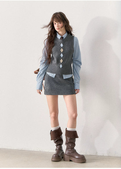 [TMMG] British Collegiate Gray Diamond Knit 3-Piece Set