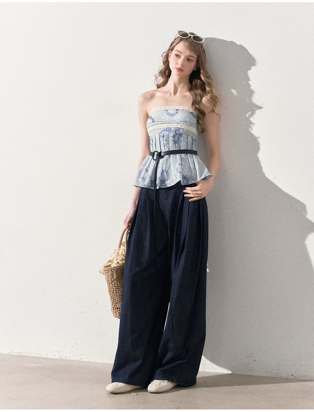 "Weekend Market" Blue Porcelain Peplum Tube Top