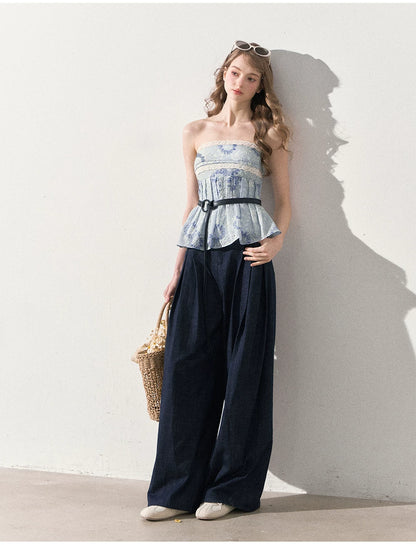 "Weekend Market" Blue Porcelain Peplum Tube Top