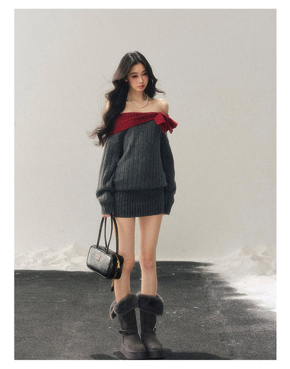 少也眼 "Snowbound Memories" Off-Shoulder Color-Block Knit Mini Dress