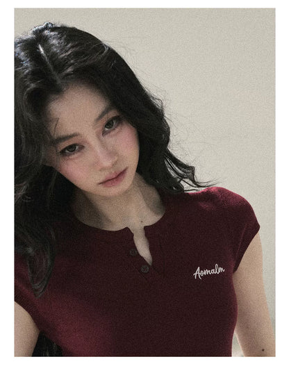 "Letter from the Tides" Burgundy Red Faux Two-Piece Lace Waist-Fit Crop Top 452436