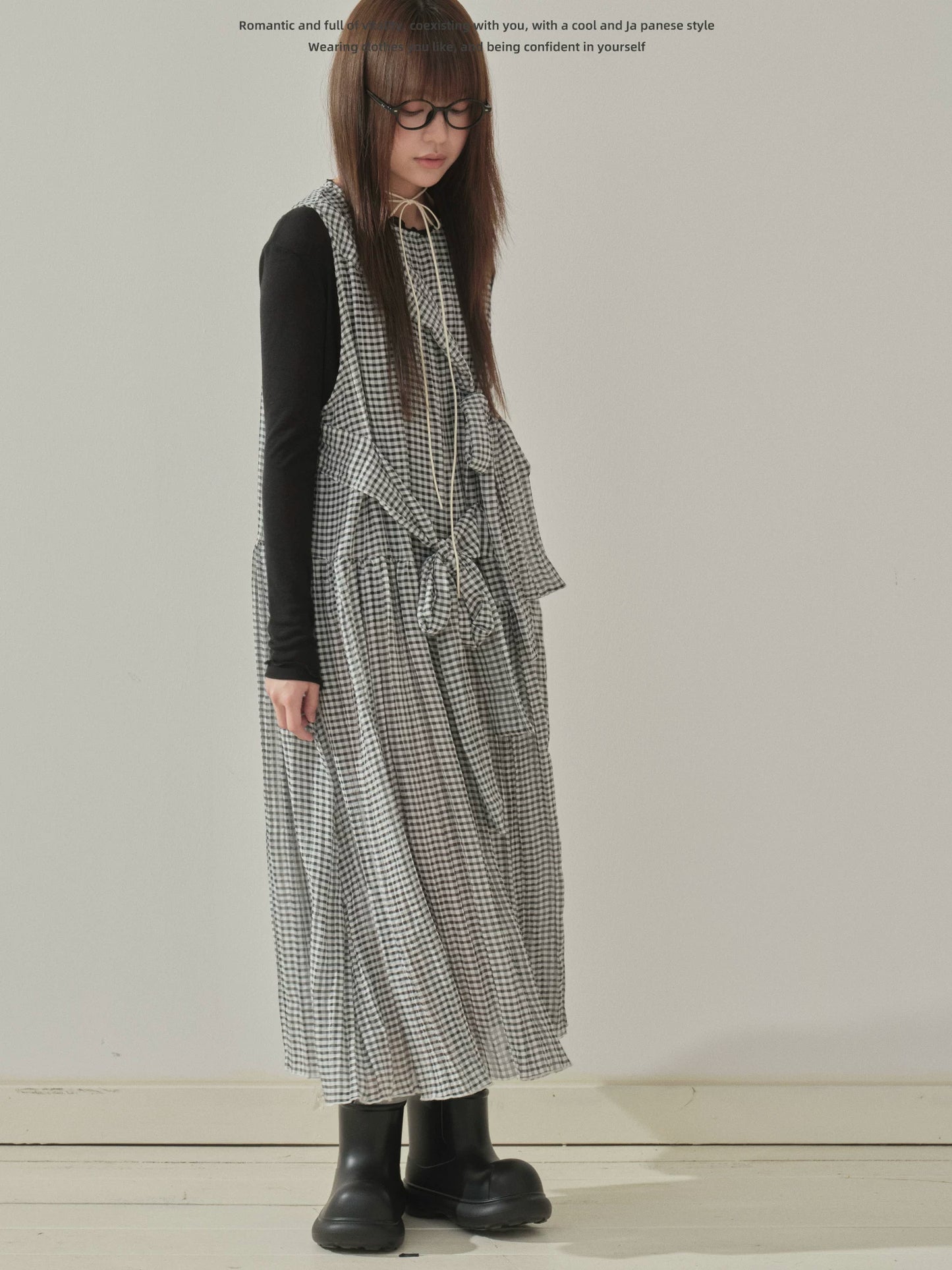 "Heritage Ribbon" Black & White Plaid Plaid Bow Maxi Dress