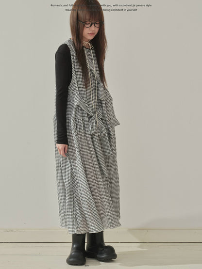 "Heritage Ribbon" Black & White Plaid Plaid Bow Maxi Dress