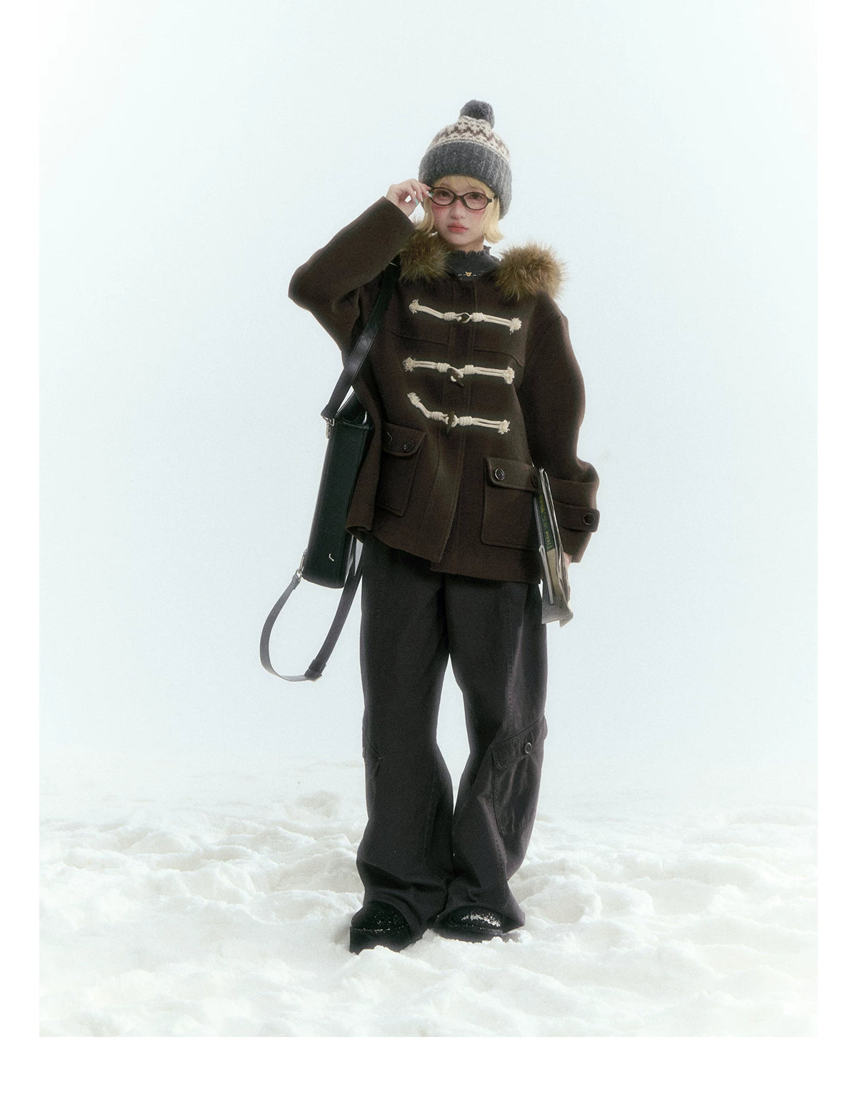 Horridale - Dark Coffee Brown Cropped Hooded Toggle Coat with Detachable Faux Fur Collar