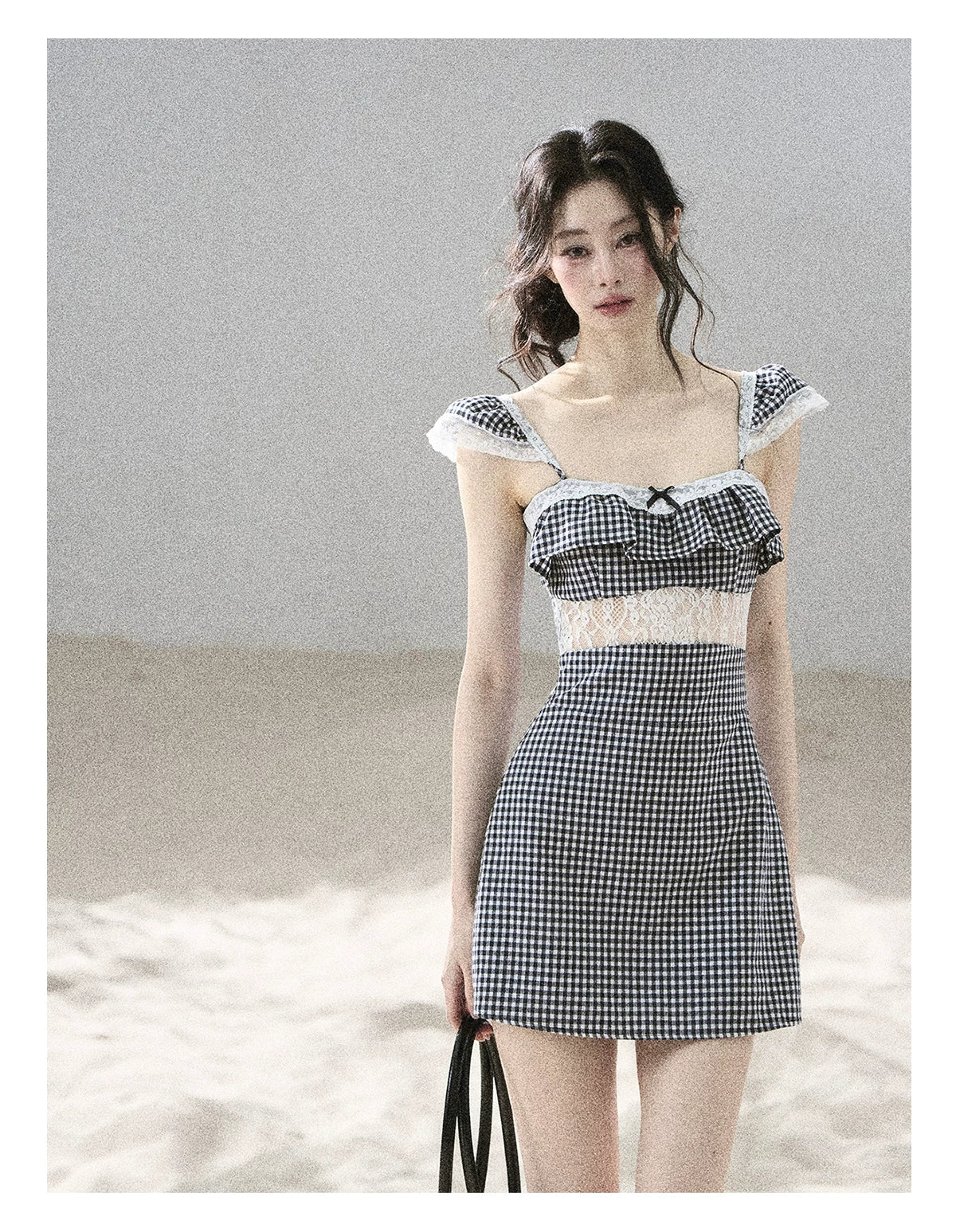 "Her in the Old Film" French Lace Plaid A-Line Mini Dress
