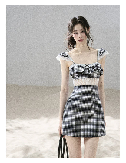 "Her in the Old Film" French Lace Plaid A-Line Mini Dress