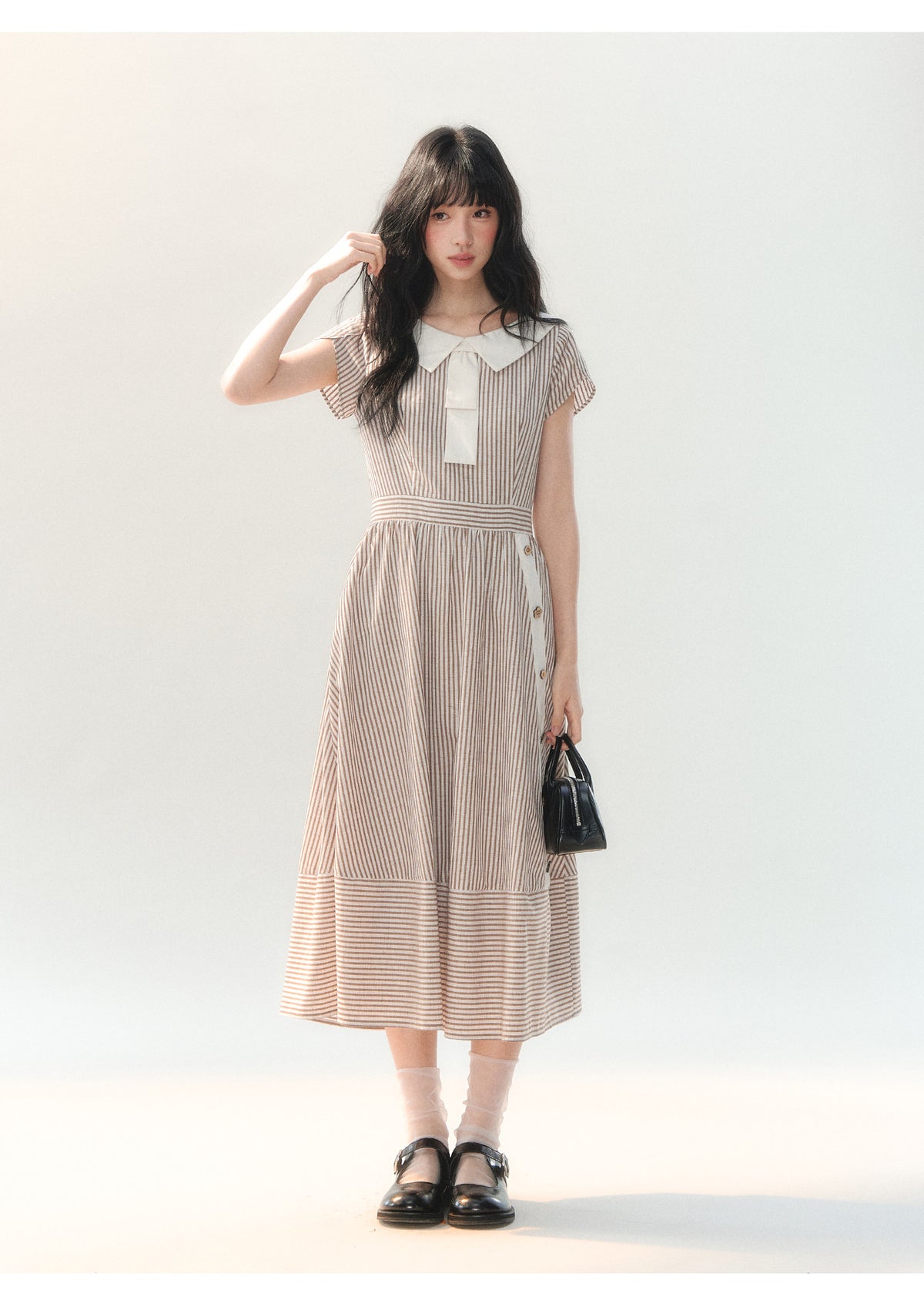 [CAN] "Coffee Meets Cream" Mocha Stripe Bow Collar Dress