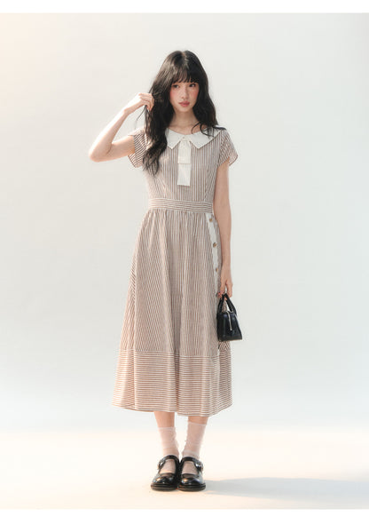 [CAN] "Coffee Meets Cream" Mocha Stripe Bow Collar Dress