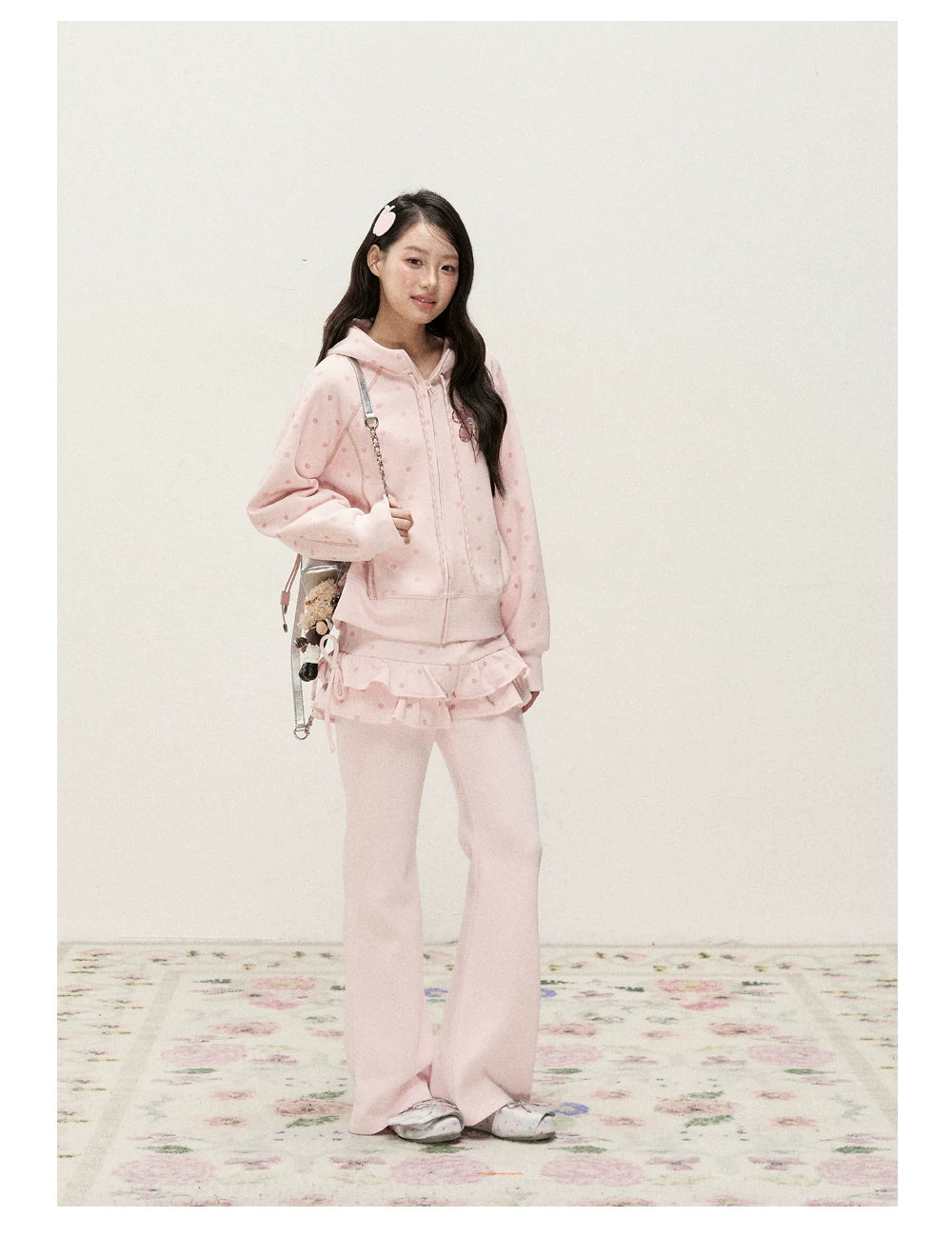 [RF] Polka Dot Hoodie and Pants Set with Zip Closure in Soft Pink