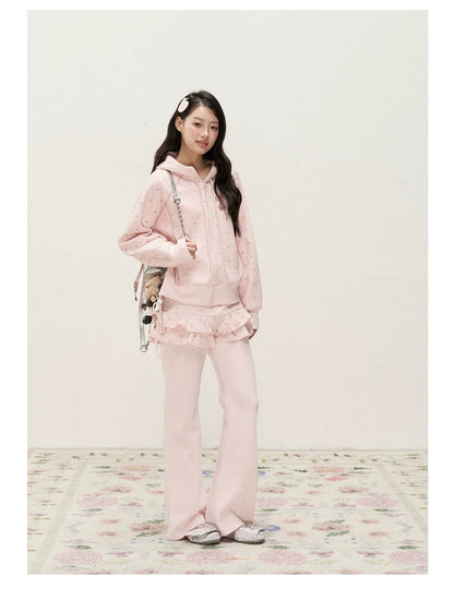 [RF] Polka Dot Hoodie and Pants Set with Zip Closure in Soft Pink