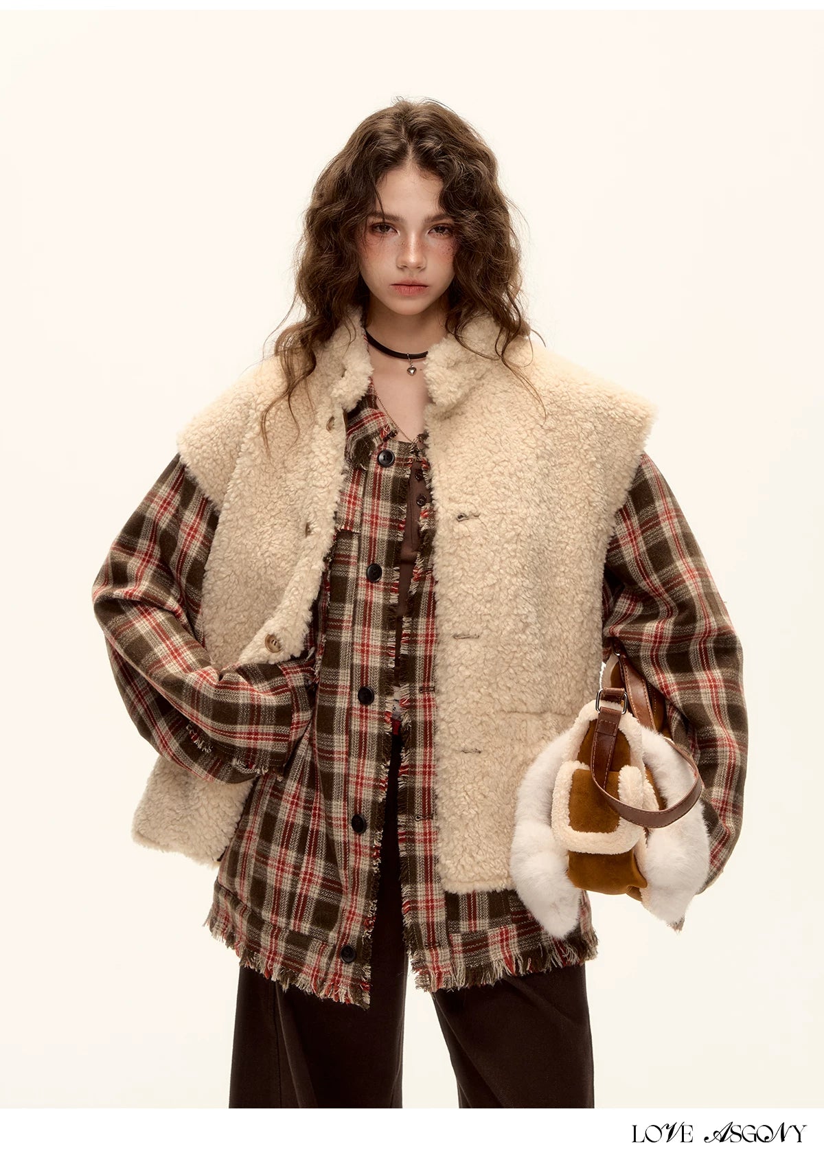 ASGONY - Brown Reversible Suede Faux Shearling Drawstring Vest