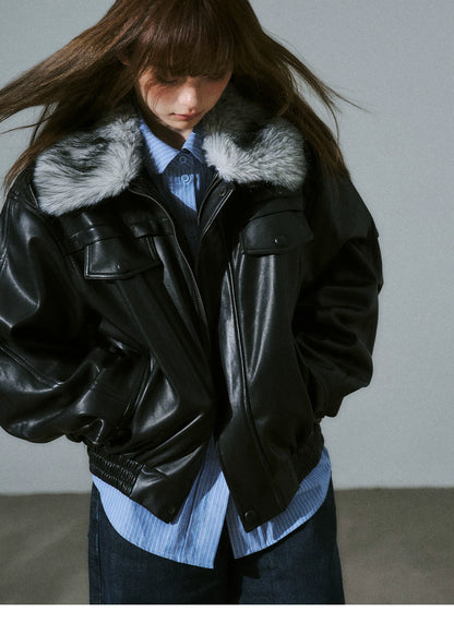 LOST FOREST - Black Faux Leather Moto Jacket with Plaid Wool Collar