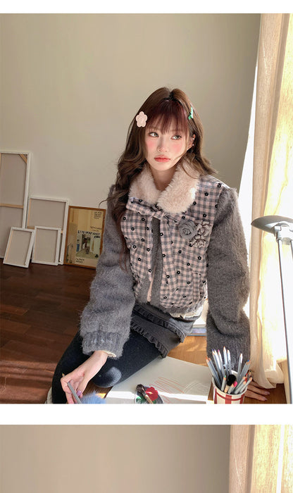 阮阮自制 - "Mist Isle Sakura" Faux-Layered Plaid Fur-Collar Puffer Jacket