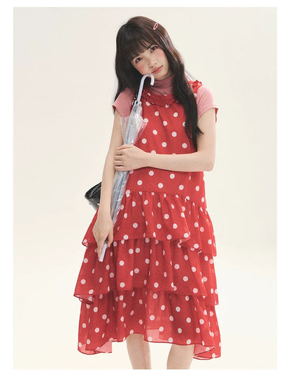 "Polka Dot Layers" Red Polka Dot Tiered A-Line Maxi Cami Dress