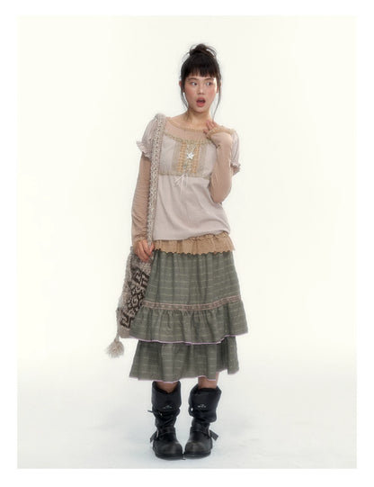 Dried Grass Green Vintage Lace Tiered A-Line Skirt