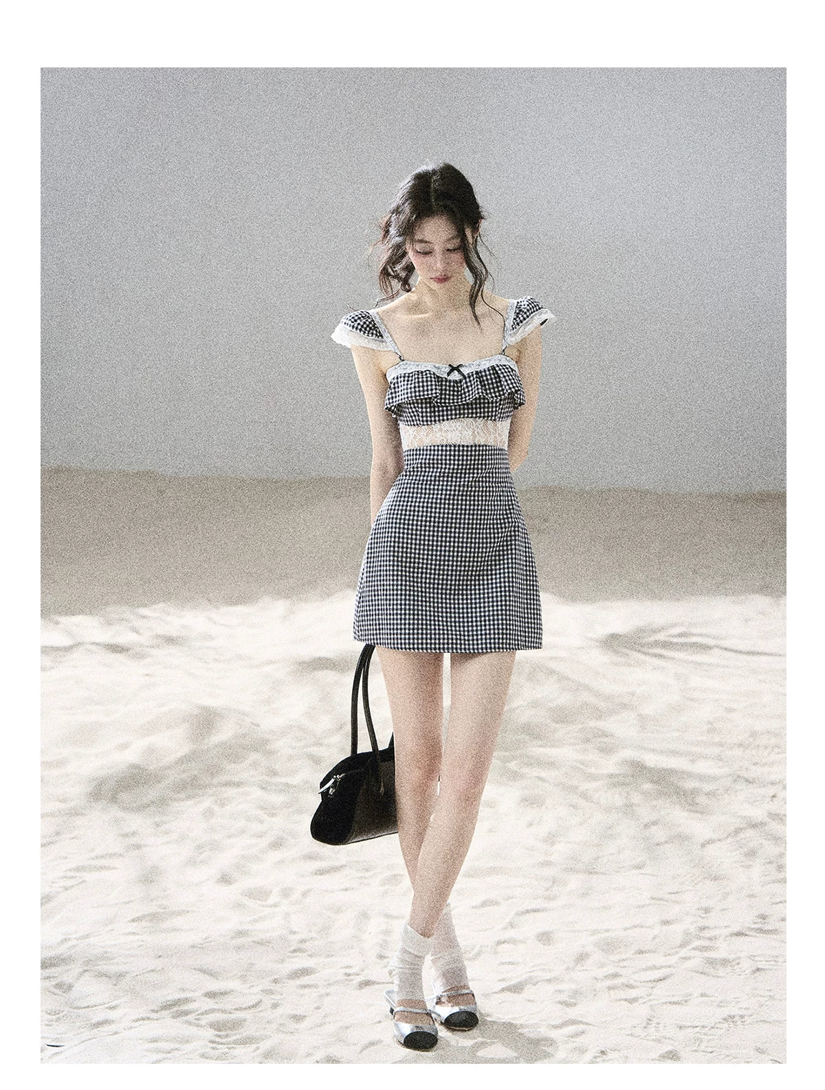 "Her in the Old Film" French Lace Plaid A-Line Mini Dress