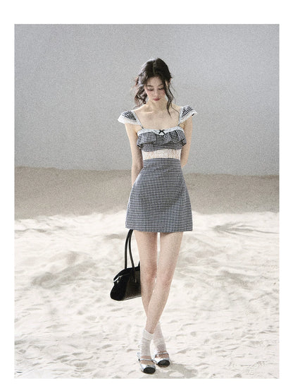 "Her in the Old Film" French Lace Plaid A-Line Mini Dress