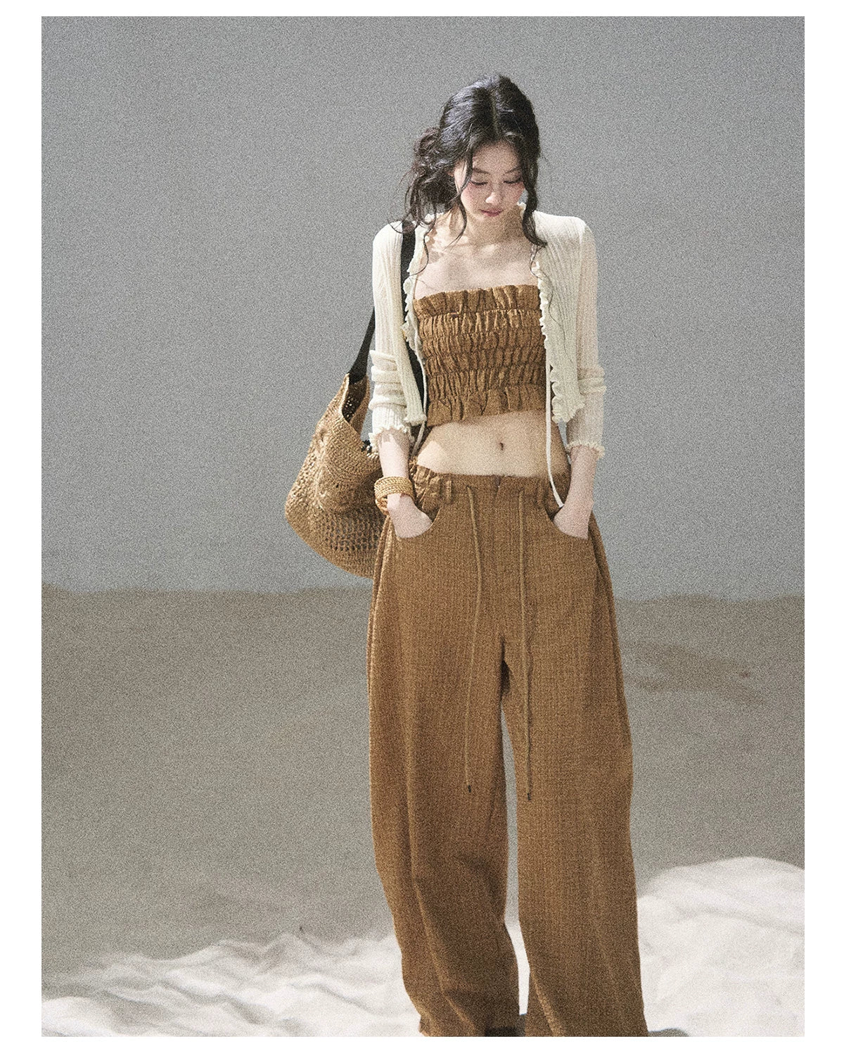 "Caramel Dusk" Ash Caramel Shirred Bandeau Top & Relaxed Pants Set