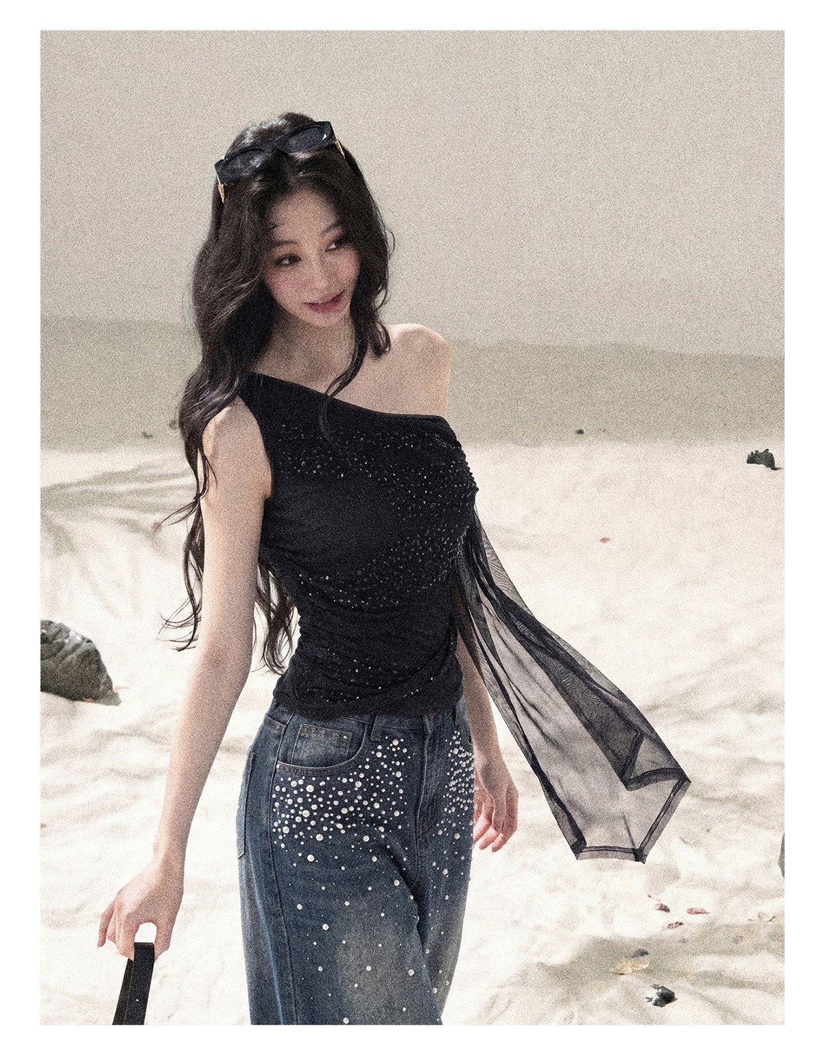 “Frosted Kiss” Quiet Black Crystal Mesh Sleeveless Top